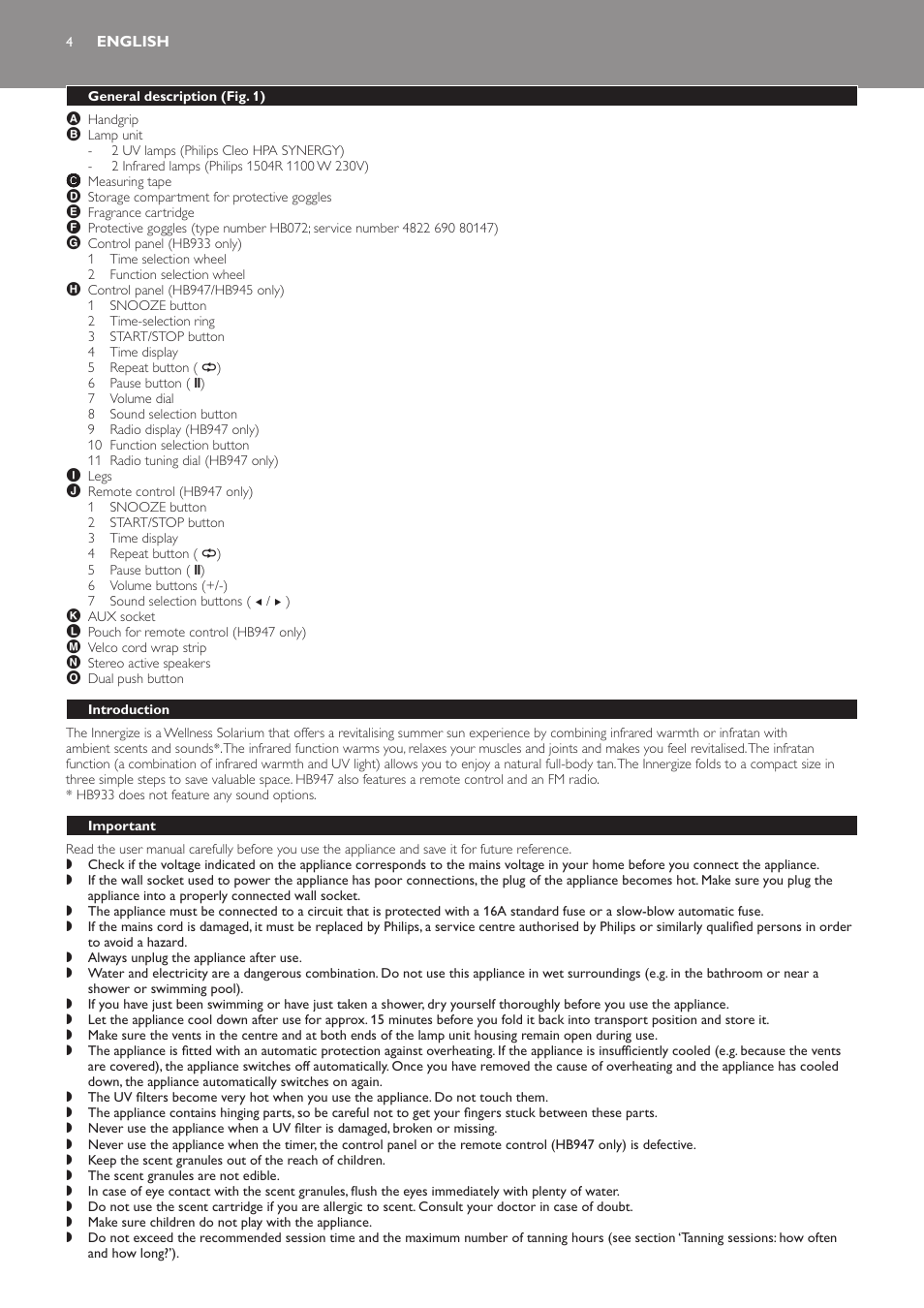 English, General description (fig. 1), Introduction | Important | Philips HB933 User Manual | Page 4 / 124