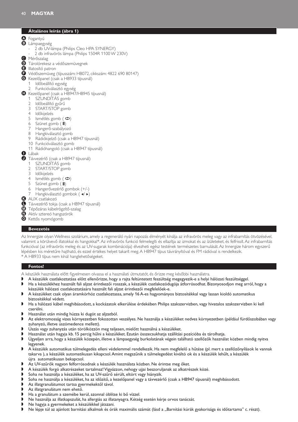 Magyar, Általános leírás (ábra 1), Bevezetés | Fontos | Philips HB933 User Manual | Page 40 / 124