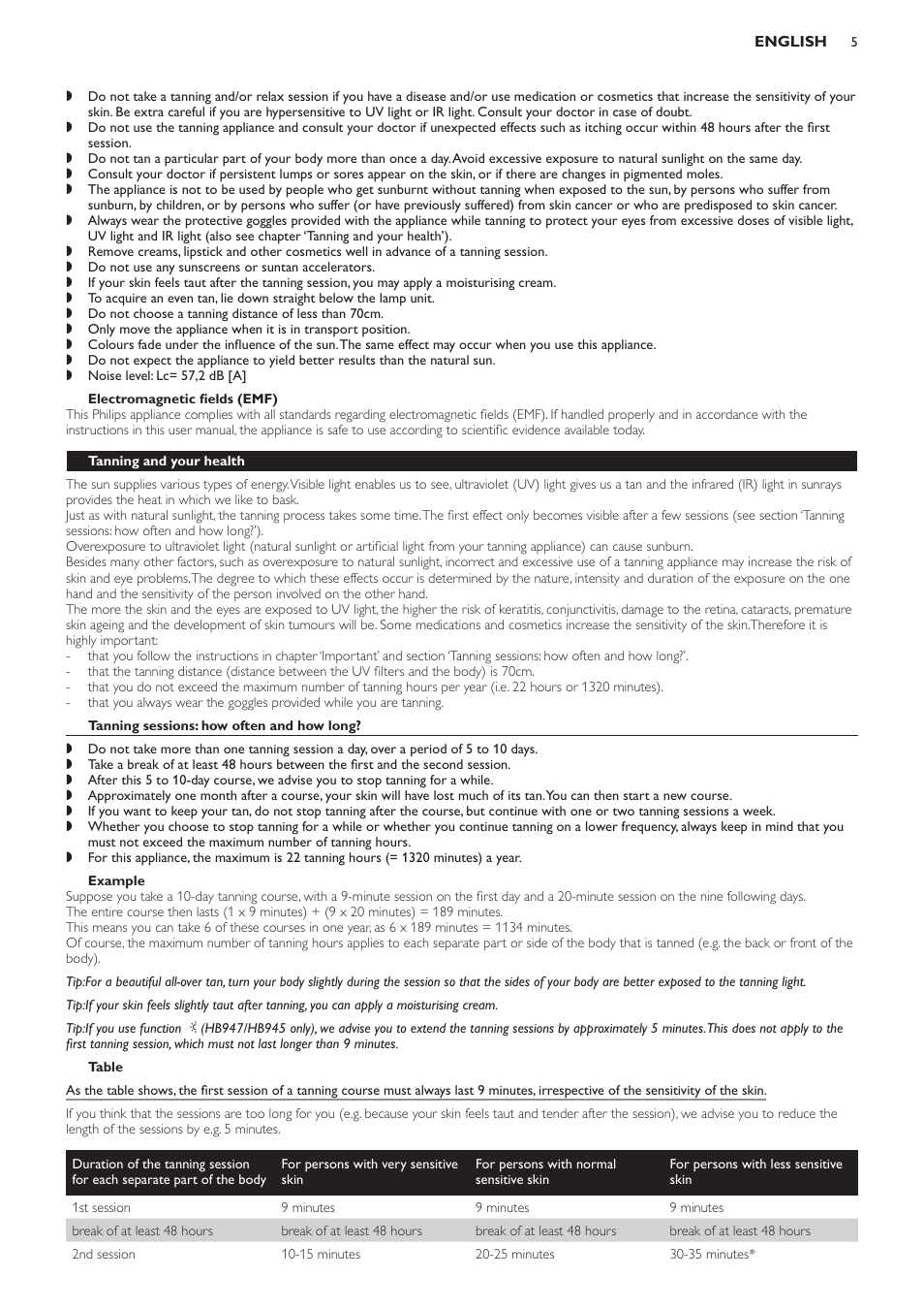 Electromagnetic fields (emf), Tanning and your health, Tanning sessions: how often and how long | Example, Table | Philips HB933 User Manual | Page 5 / 124