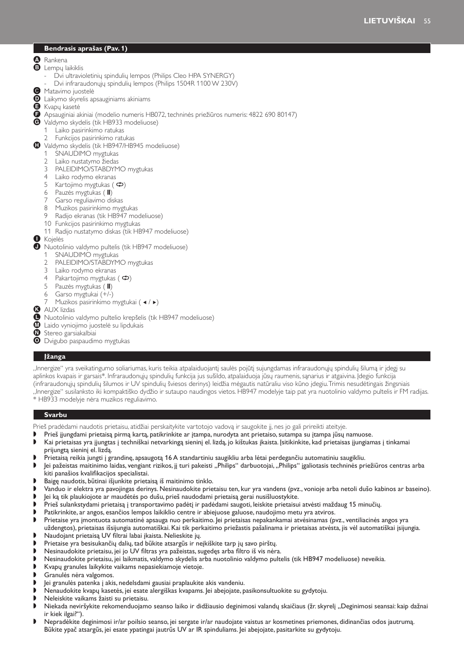 Lietuviškai, Bendrasis aprašas (pav. 1), Įžanga | Svarbu | Philips HB933 User Manual | Page 55 / 124