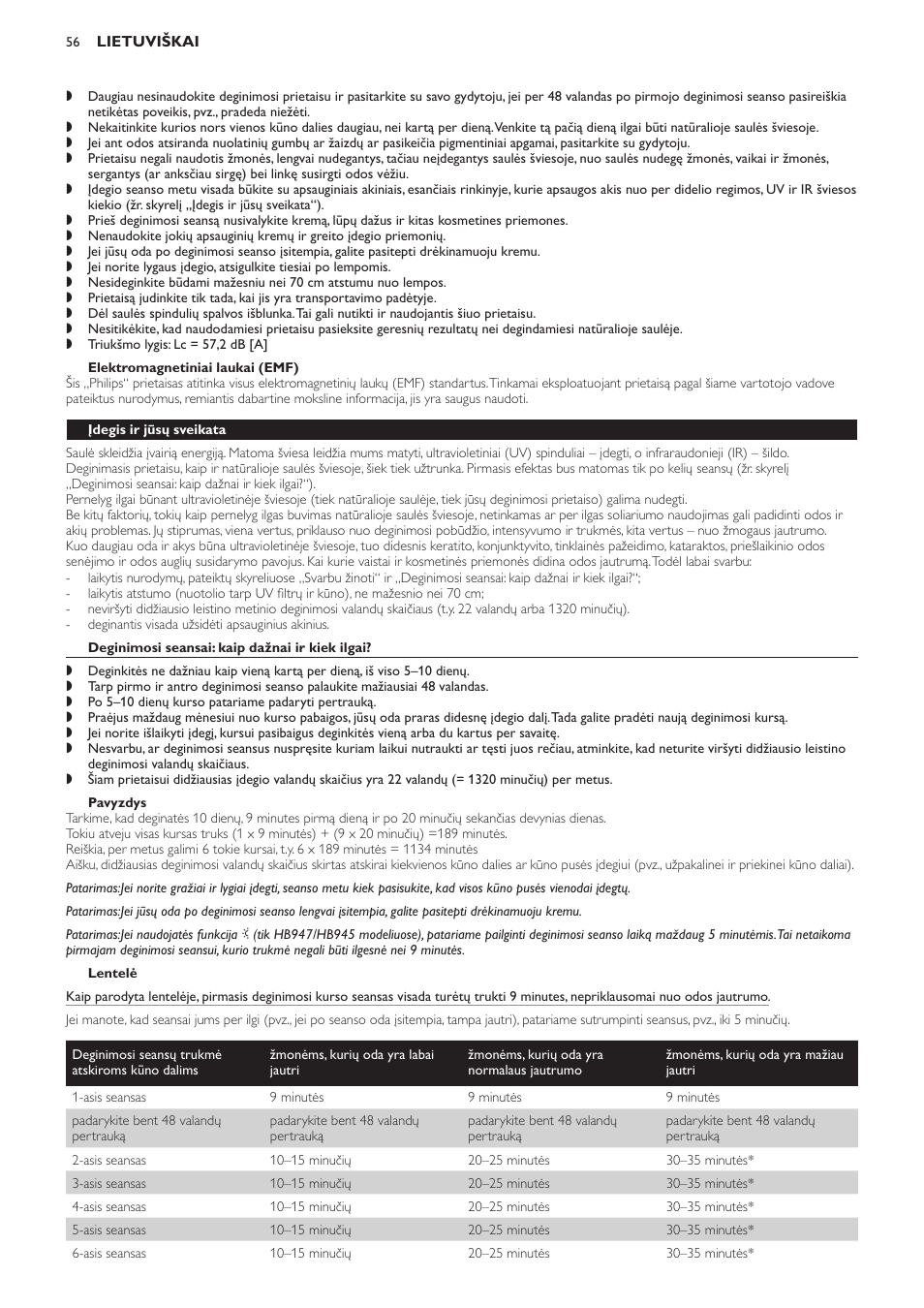 Elektromagnetiniai laukai (emf), Įdegis ir jūsų sveikata, Deginimosi seansai: kaip dažnai ir kiek ilgai | Pavyzdys, Lentelė | Philips HB933 User Manual | Page 56 / 124