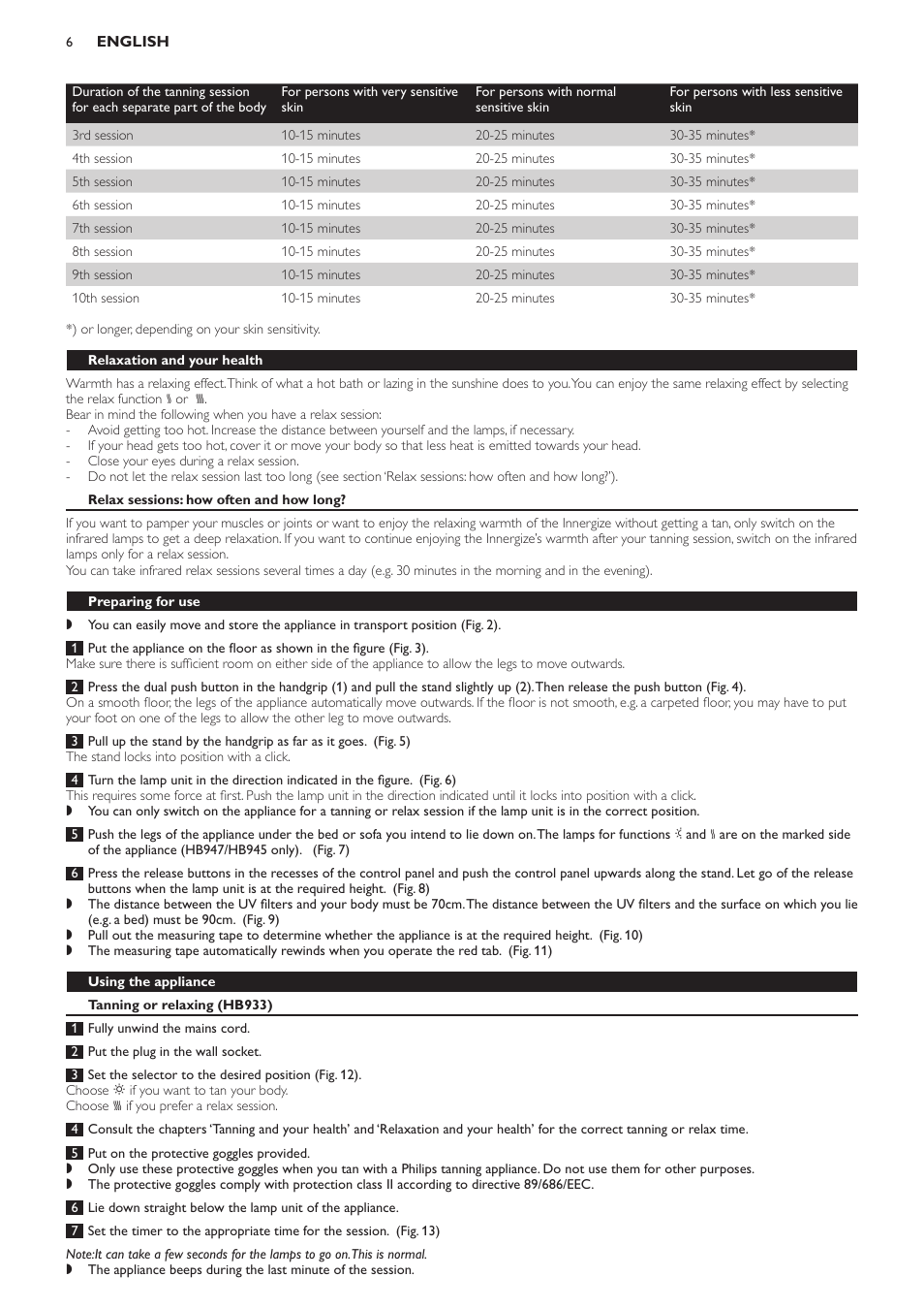 Relaxation and your health, Relax sessions: how often and how long, Preparing for use | Using the appliance, Tanning or relaxing (hb933) | Philips HB933 User Manual | Page 6 / 124