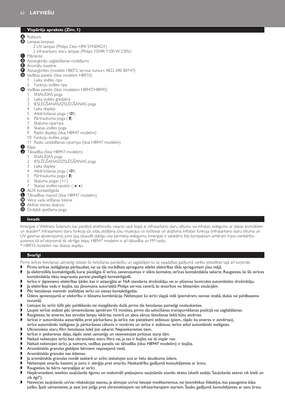 Latviešu, Vispārējs apraksts (zīm. 1), Ievads | Svarīgi | Philips HB933 User Manual | Page 62 / 124