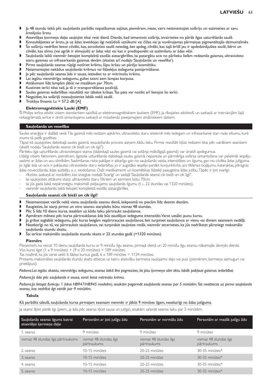 Elektromagnētiskie lauki (emf), Sauļošanās un veselība, Sauļošanās seansi: cik bieži un cik ilgi | Piemērs, Tabula | Philips HB933 User Manual | Page 63 / 124