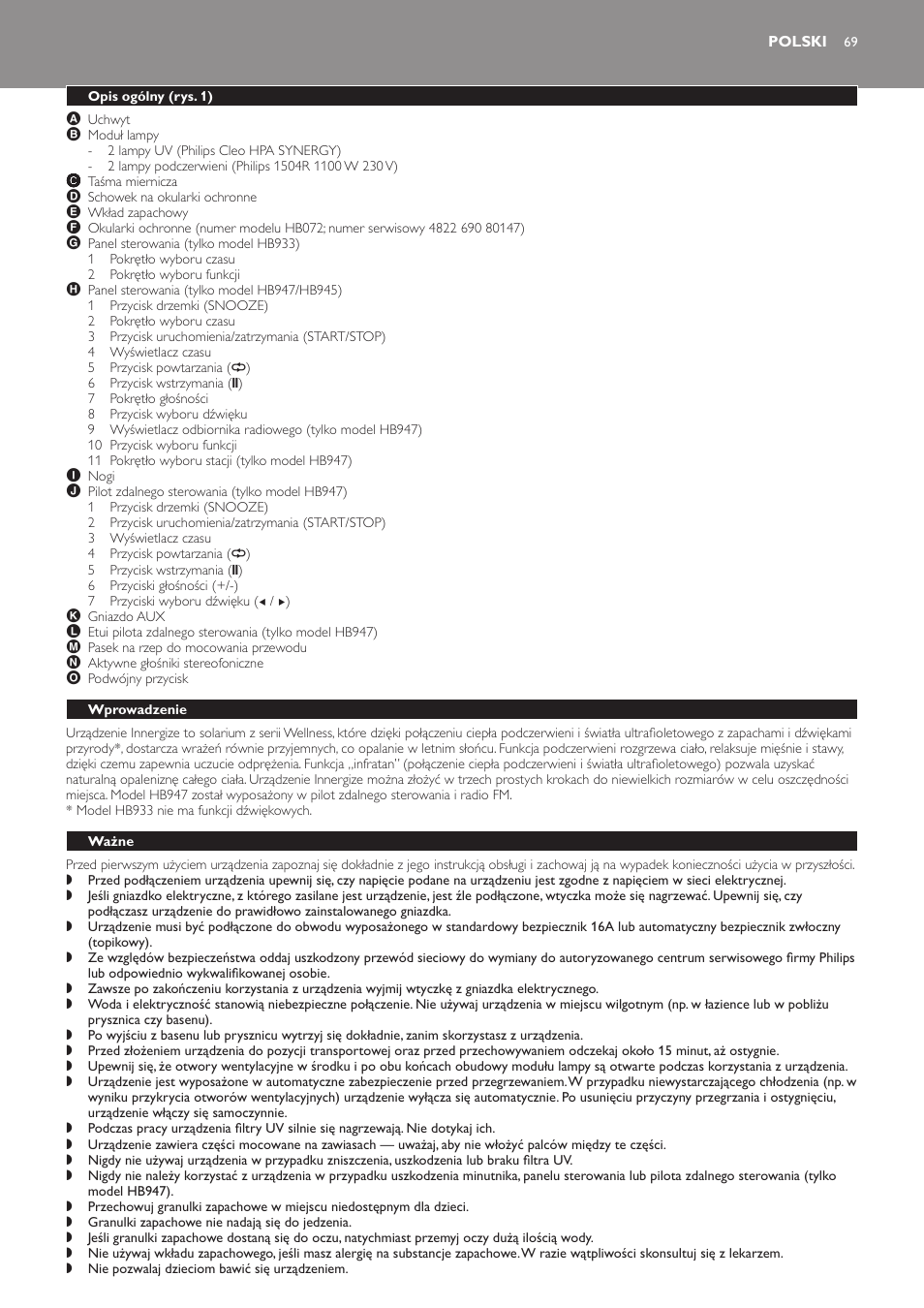 Polski, Opis ogólny (rys. 1), Wprowadzenie | Ważne | Philips HB933 User Manual | Page 69 / 124