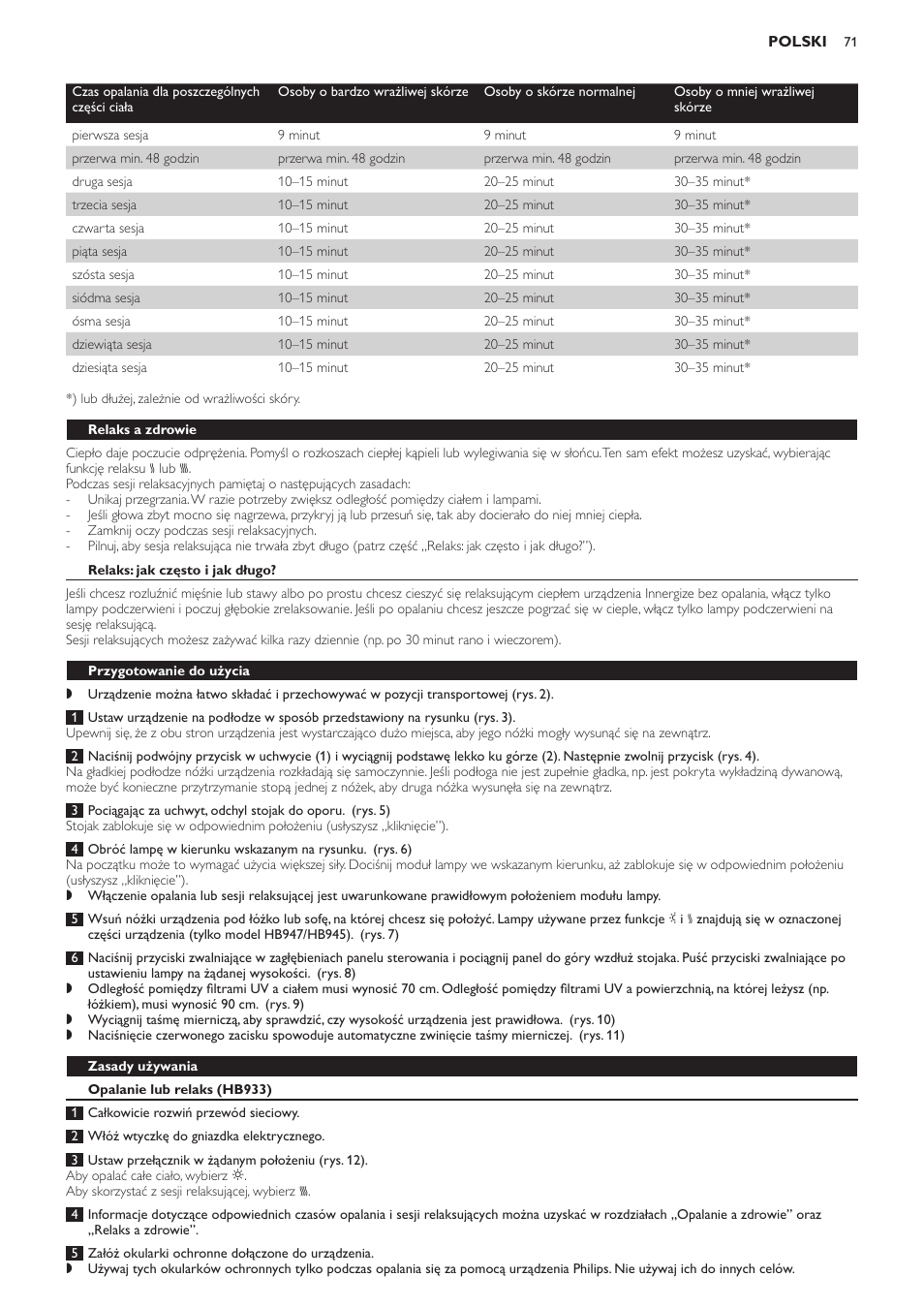 Relaks a zdrowie, Relaks: jak często i jak długo, Przygotowanie do użycia | Zasady używania, Opalanie lub relaks (hb933) | Philips HB933 User Manual | Page 71 / 124