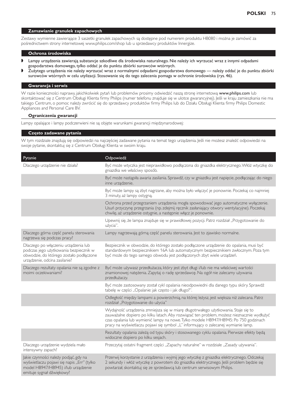 Ochrona środowiska, Gwarancja i serwis, Ograniczenia gwarancji | Często zadawane pytania | Philips HB933 User Manual | Page 75 / 124