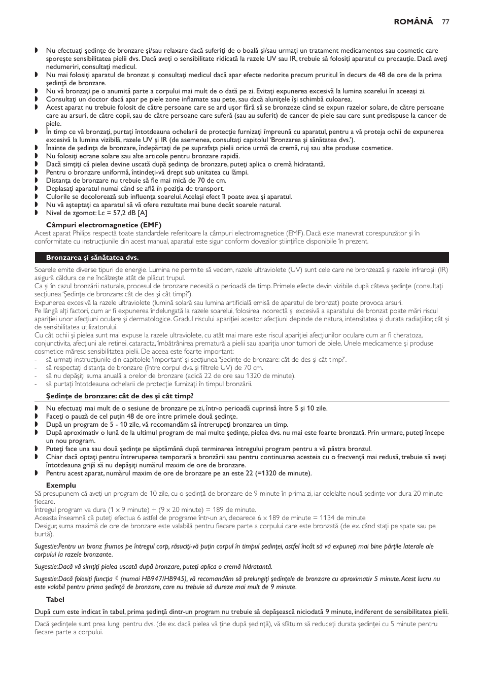 Câmpuri electromagnetice (emf), Bronzarea şi sănătatea dvs, Şedinţe de bronzare: cât de des şi cât timp | Exemplu, Tabel | Philips HB933 User Manual | Page 77 / 124