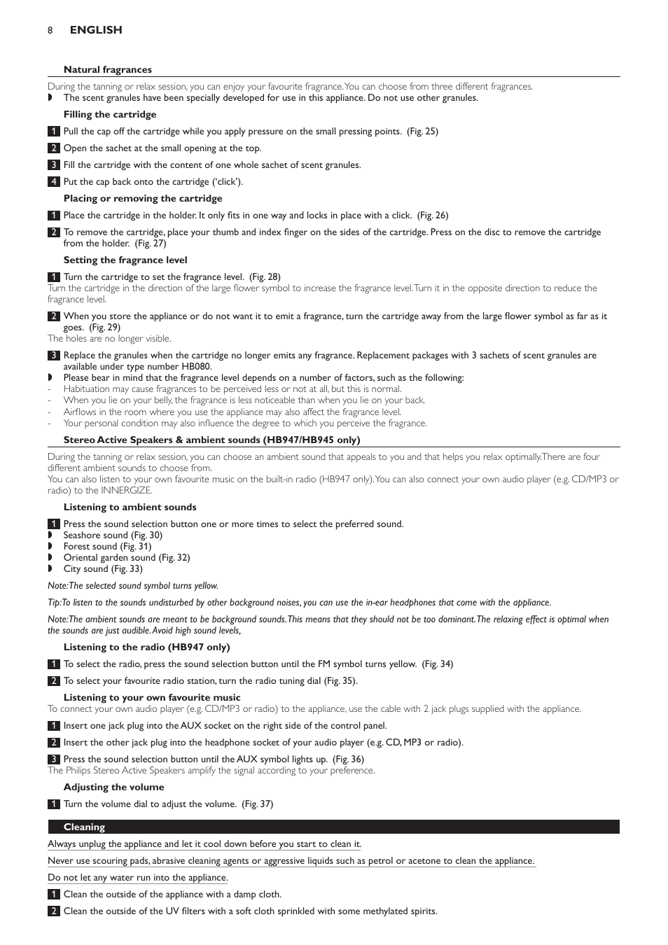 Natural fragrances, Filling the cartridge, Placing or removing the cartridge | Setting the fragrance level, Listening to ambient sounds, Listening to the radio (hb947 only), Listening to your own favourite music, Adjusting the volume, Cleaning | Philips HB933 User Manual | Page 8 / 124