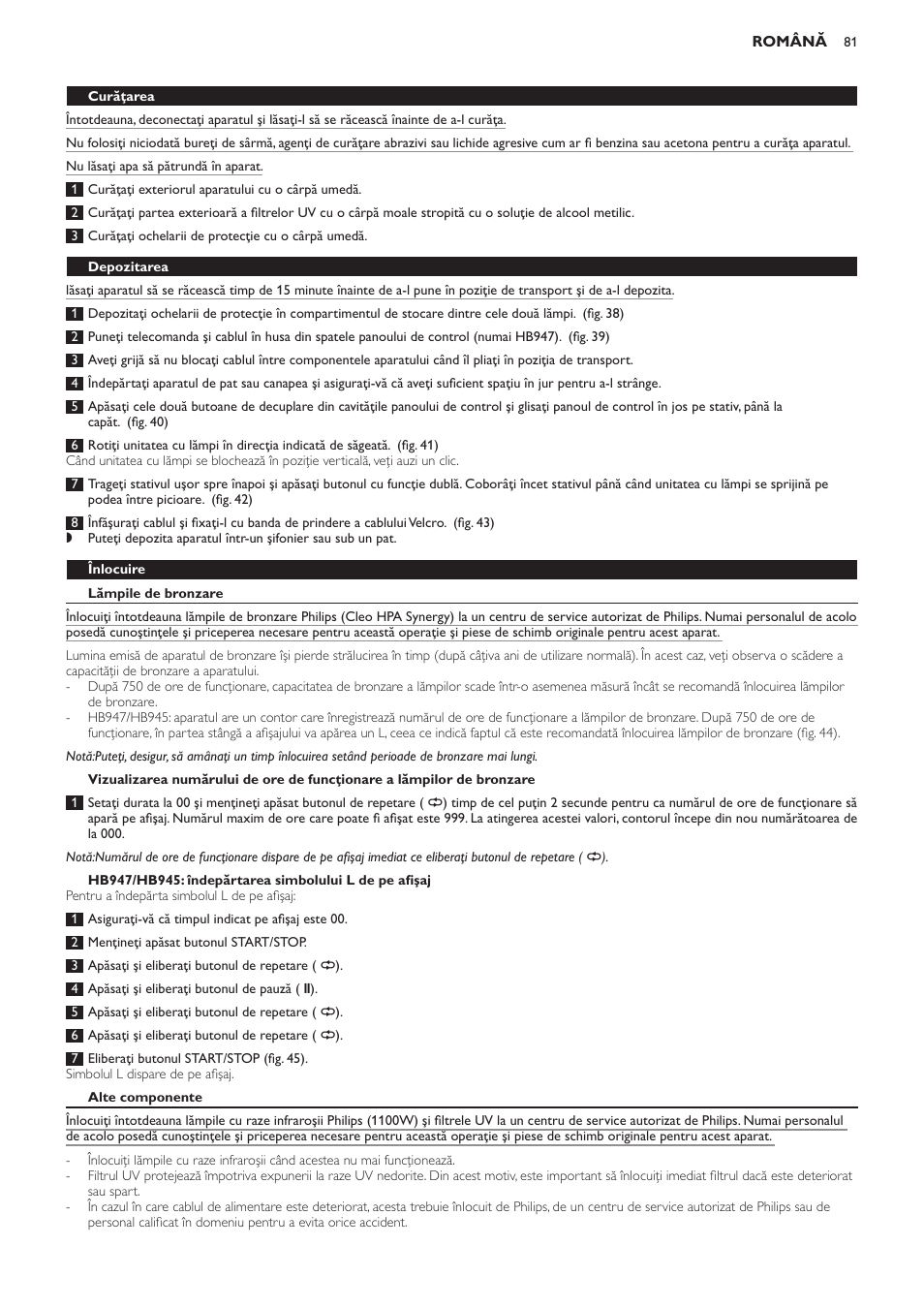 Depozitarea, Înlocuire, Lămpile de bronzare | Alte componente, Comandarea granulelor parfumate | Philips HB933 User Manual | Page 81 / 124