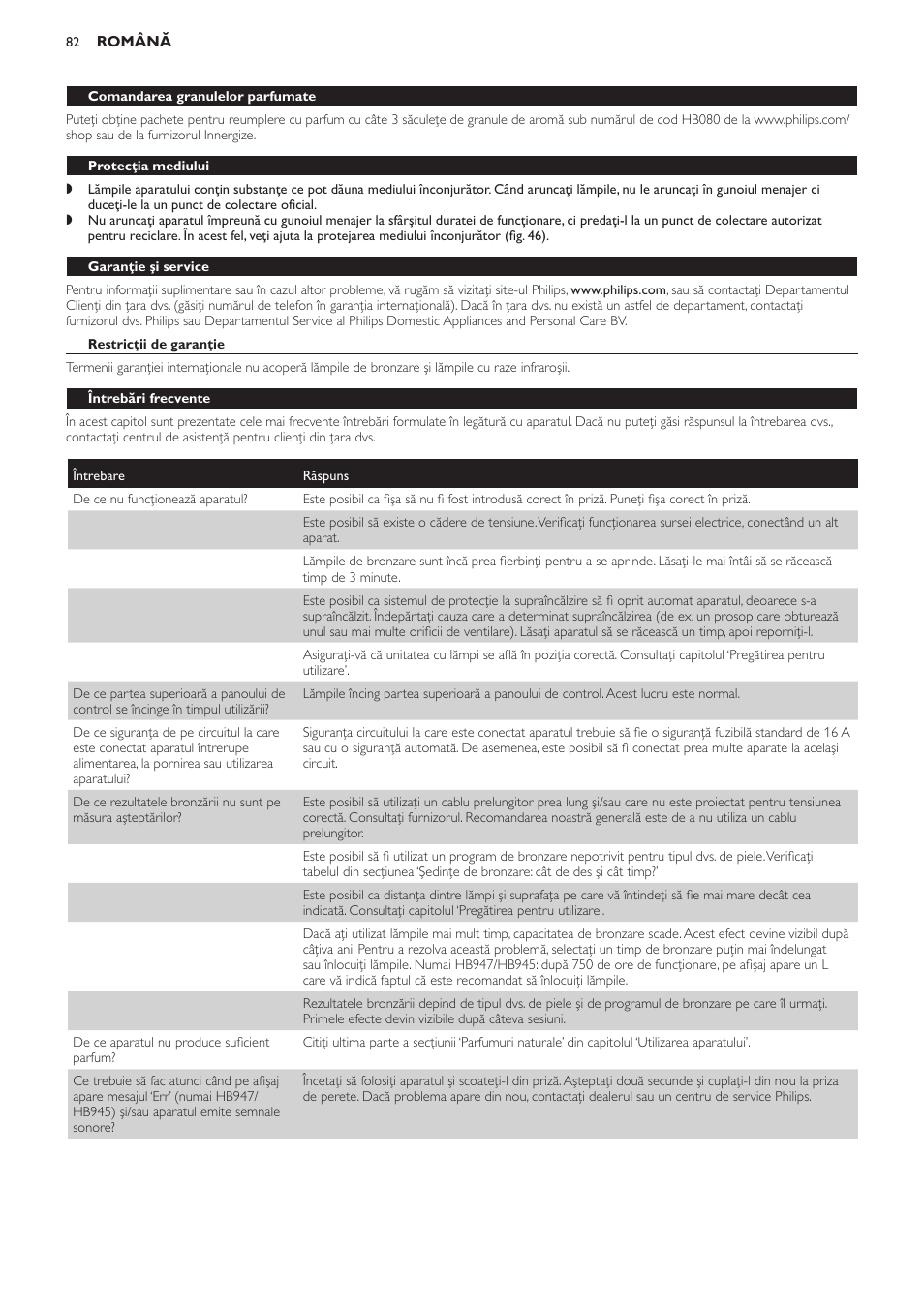 Protecţia mediului, Garanţie şi service, Restricţii de garanţie | Întrebări frecvente | Philips HB933 User Manual | Page 82 / 124