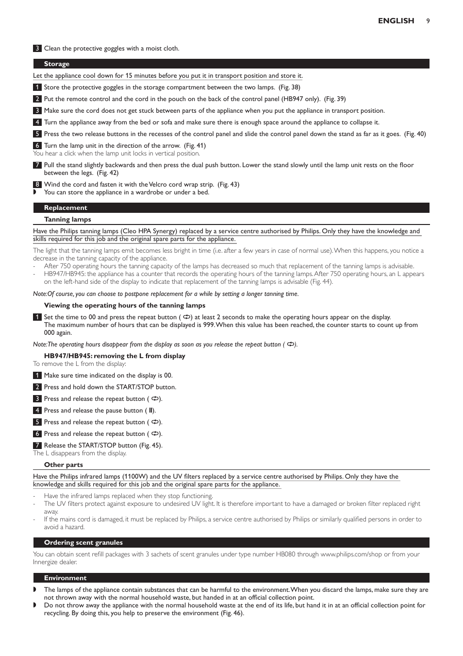 Storage, Replacement, Tanning lamps | Viewing the operating hours of the tanning lamps, Hb947/hb945: removing the l from display, Other parts, Ordering scent granules, Environment | Philips HB933 User Manual | Page 9 / 124