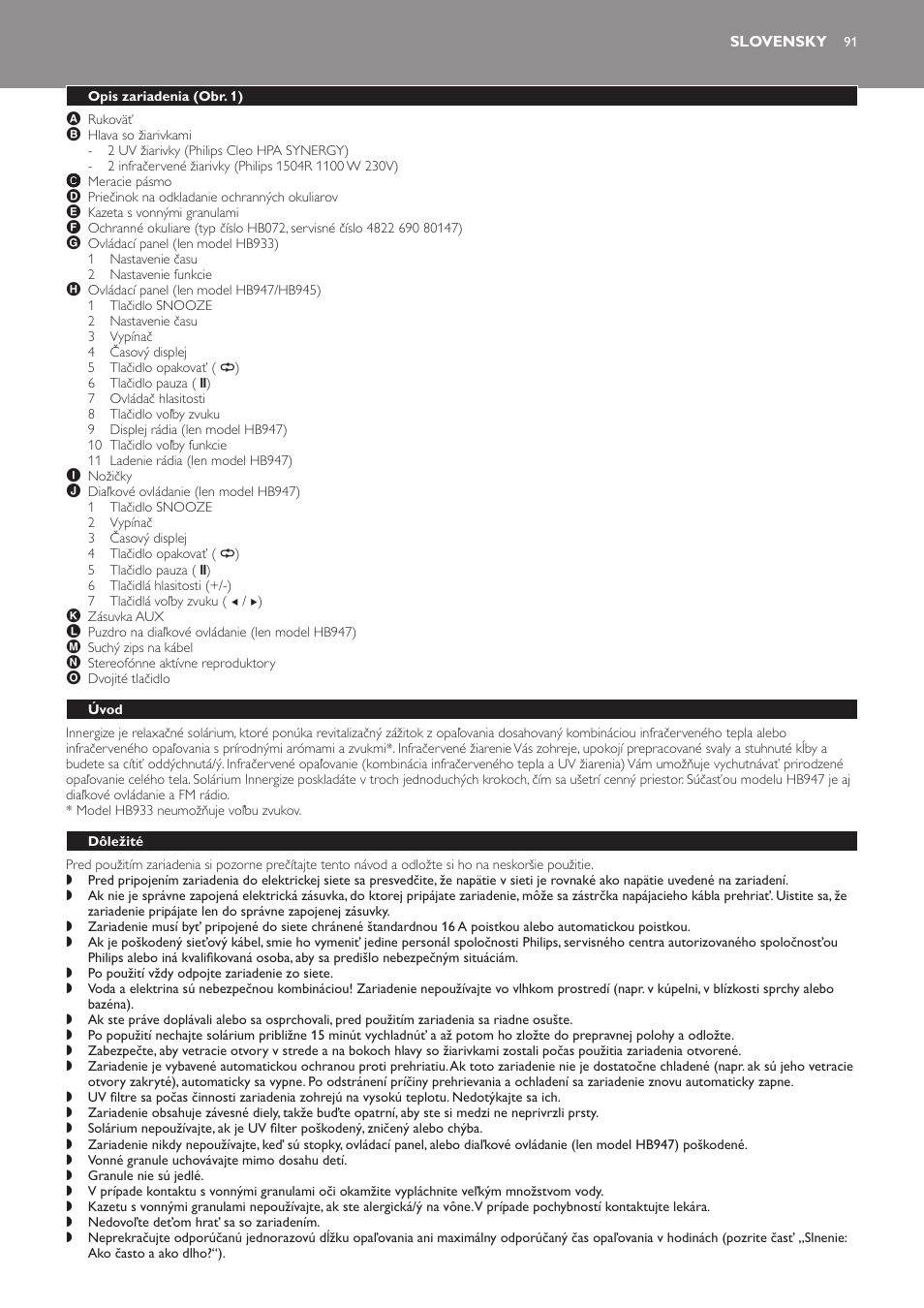 Slovensky, Opis zariadenia (obr. 1), Úvod | Dôležité | Philips HB933 User Manual | Page 91 / 124