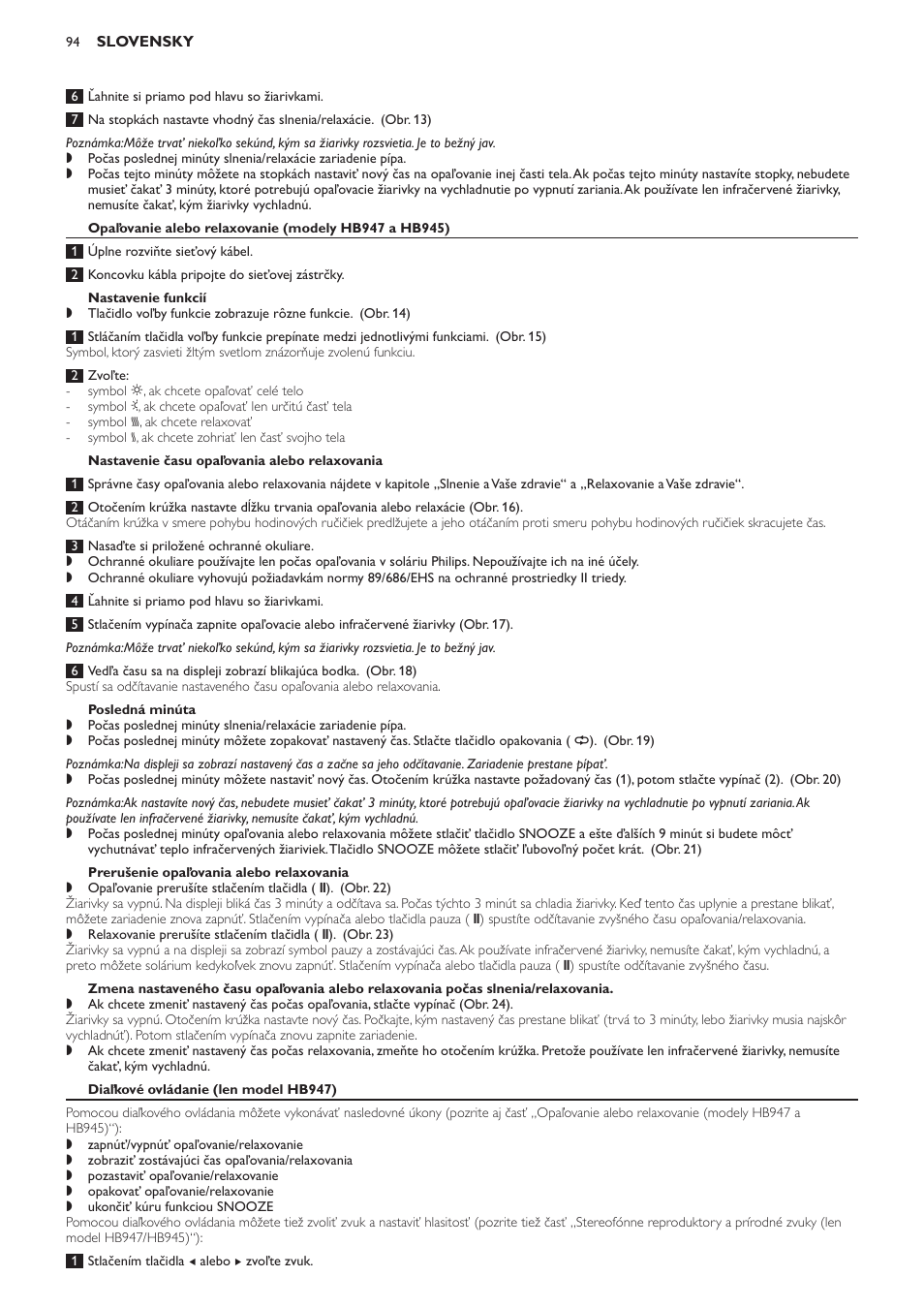 Nastavenie funkcií, Nastavenie času opaľovania alebo relaxovania, Posledná minúta | Prerušenie opaľovania alebo relaxovania, Diaľkové ovládanie (len model hb947) | Philips HB933 User Manual | Page 94 / 124