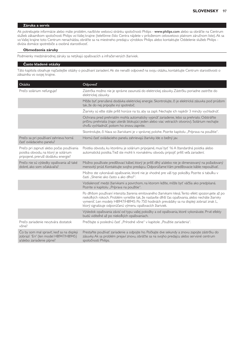 Obmedzenia záruky, Často kladené otázky | Philips HB933 User Manual | Page 97 / 124