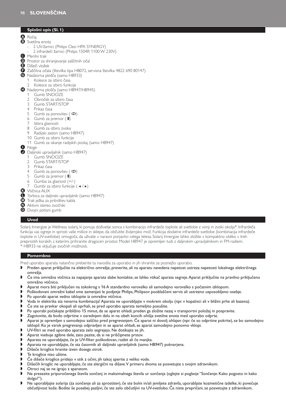 Slovenščina, Splošni opis (sl. 1), Uvod | Pomembno | Philips HB933 User Manual | Page 98 / 124