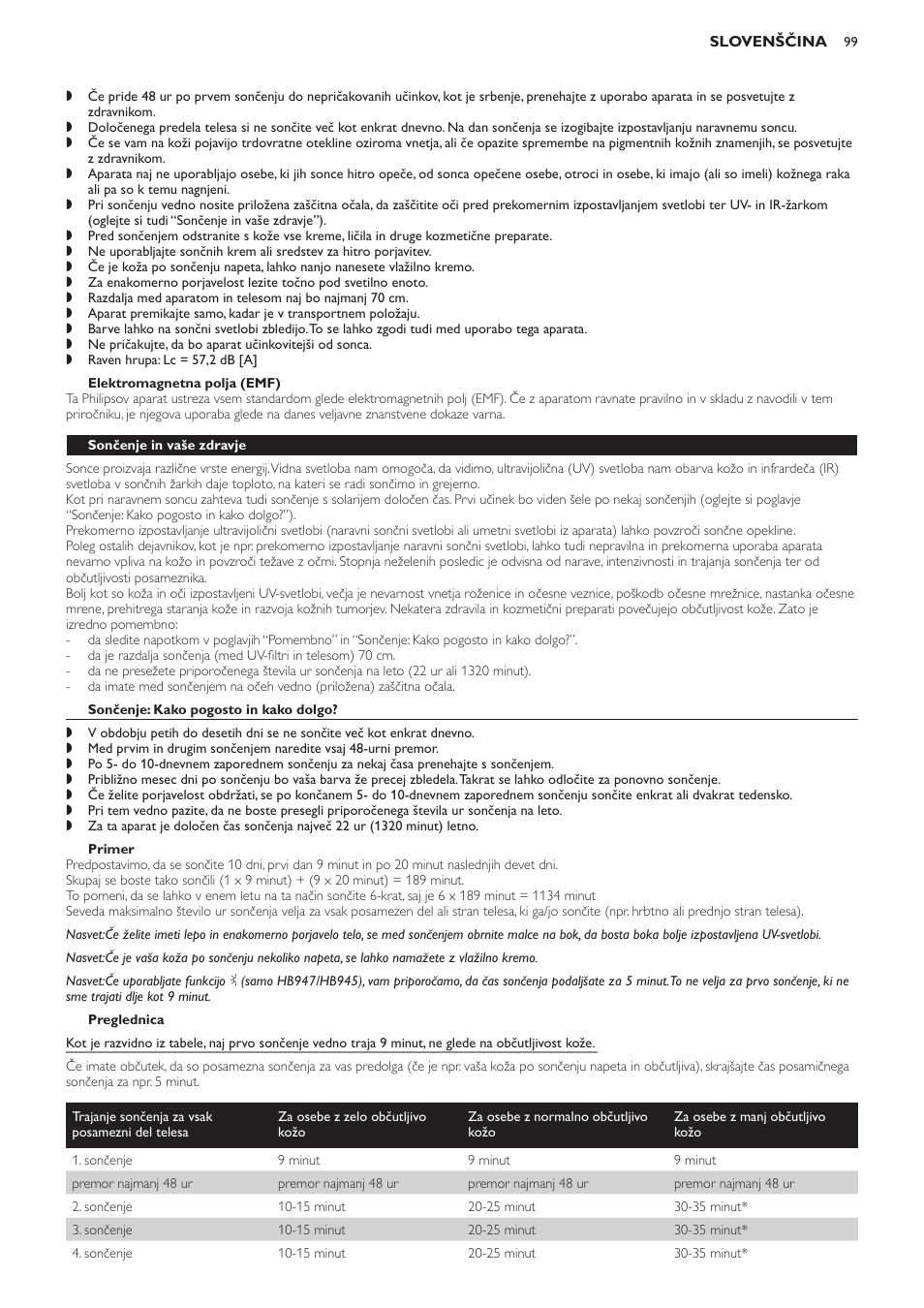 Elektromagnetna polja (emf), Sončenje in vaše zdravje, Sončenje: kako pogosto in kako dolgo | Primer, Preglednica | Philips HB933 User Manual | Page 99 / 124