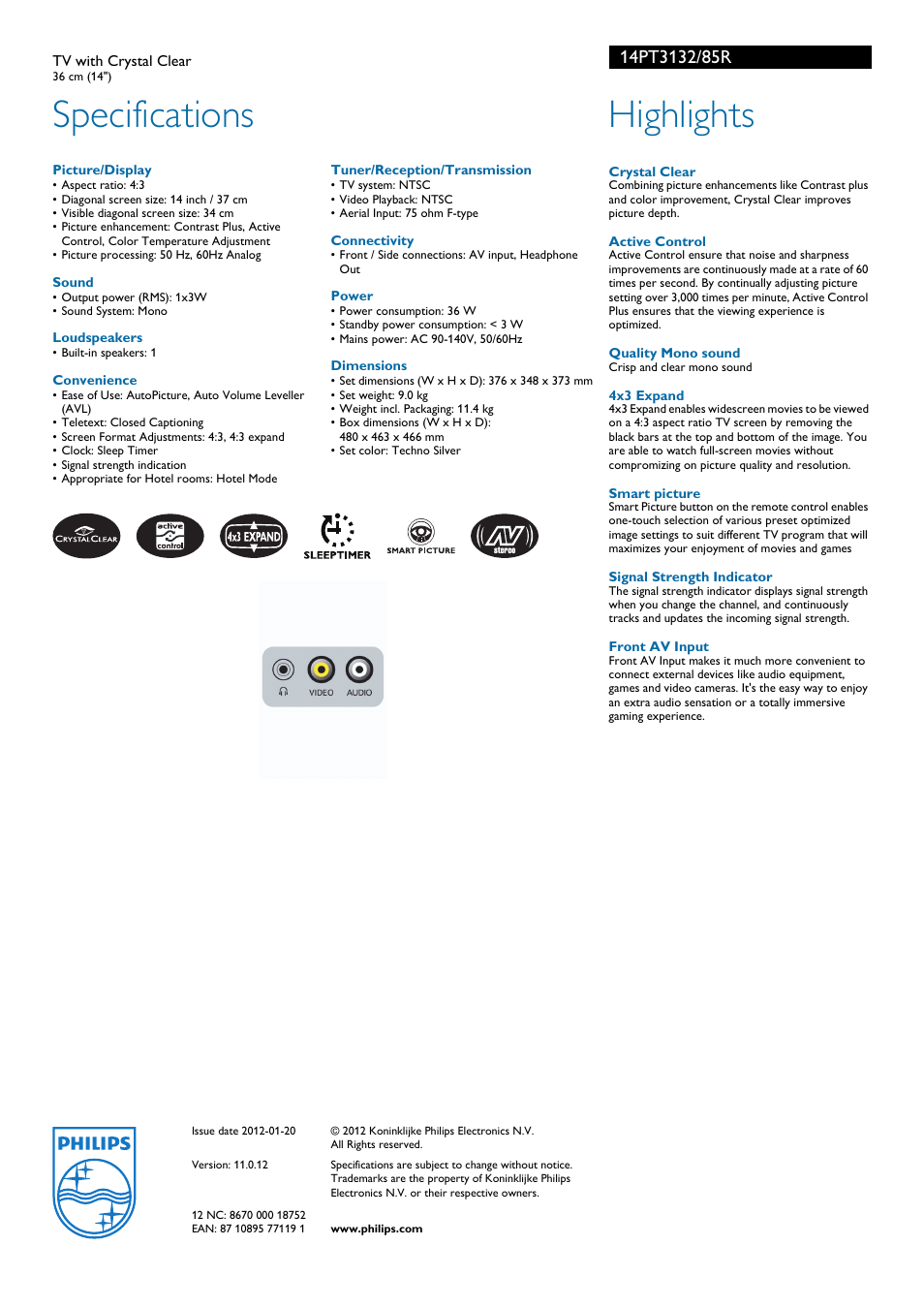 Specifications, Highlights | Philips 14PT3132 User Manual | Page 2 / 2