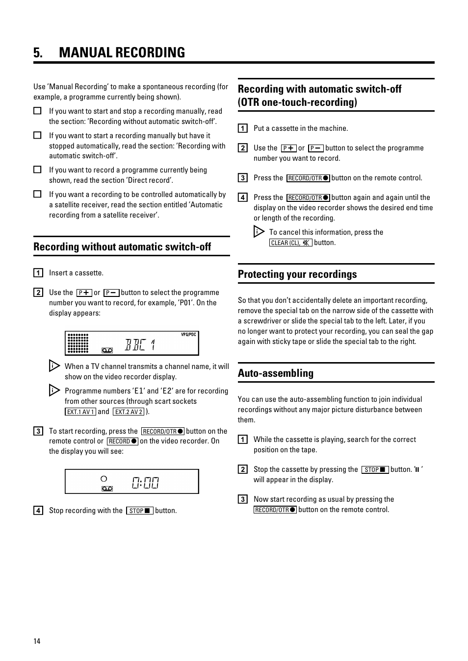 Bbc1, Manual recording, Recording without automatic switch-off | Protecting your recordings, Auto-assembling | Philips VR205/05 User Manual | Page 16 / 25