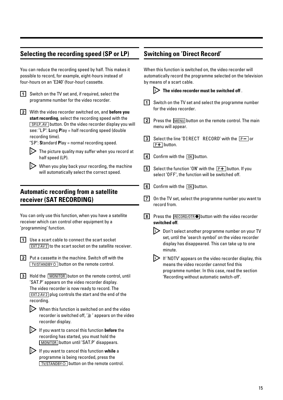 Selecting the recording speed (sp or lp), Switching on ’direct record | Philips VR205/05 User Manual | Page 17 / 25