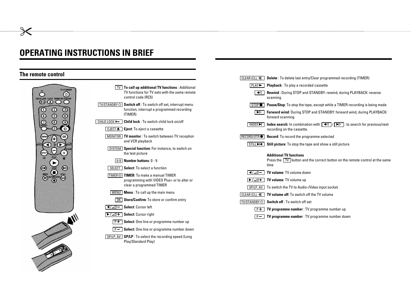 Operating instructions in brief, The remote control | Philips VR205/05 User Manual | Page 2 / 25