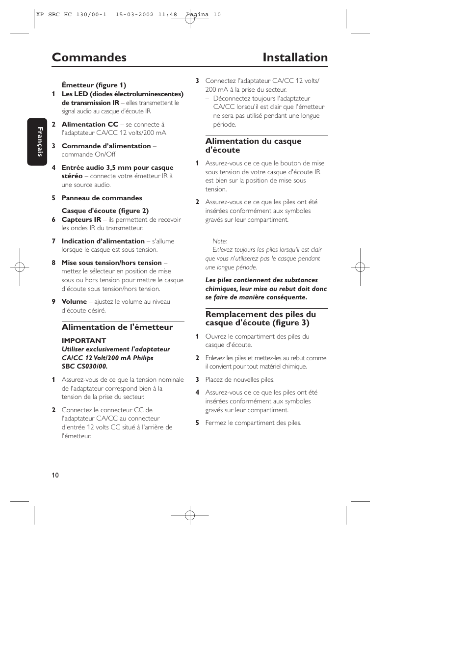 Commandes installation | Philips SBC HC130 User Manual | Page 10 / 86