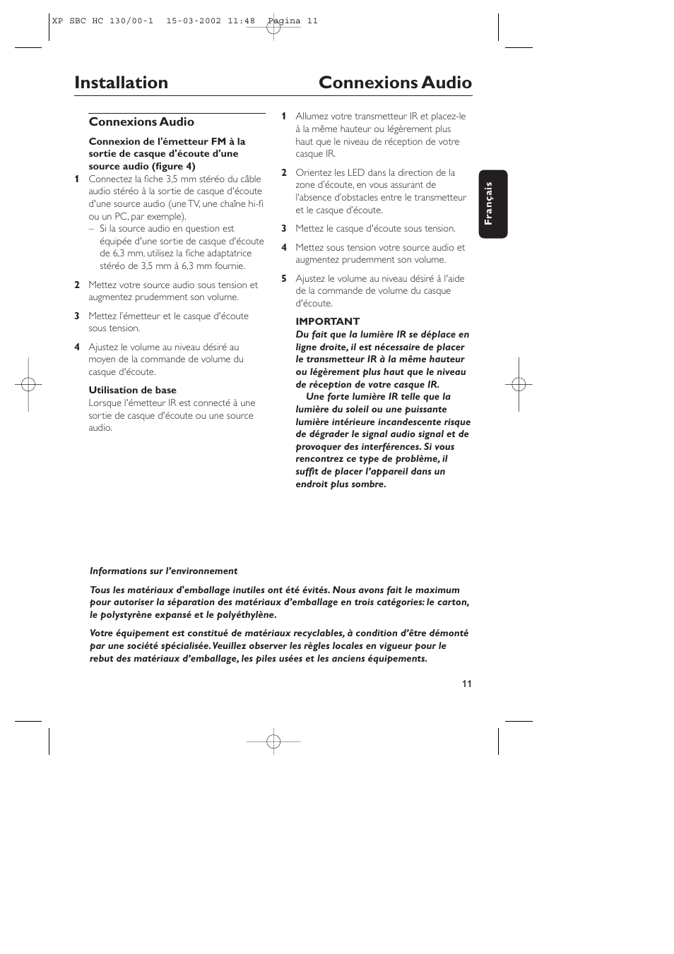 Installation connexions audio | Philips SBC HC130 User Manual | Page 11 / 86