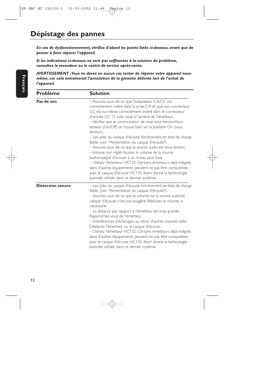 Dépistage des pannes | Philips SBC HC130 User Manual | Page 12 / 86