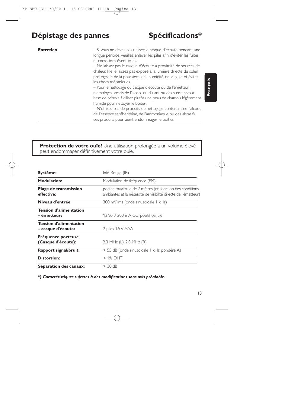 Dépistage des pannes spécifications | Philips SBC HC130 User Manual | Page 13 / 86