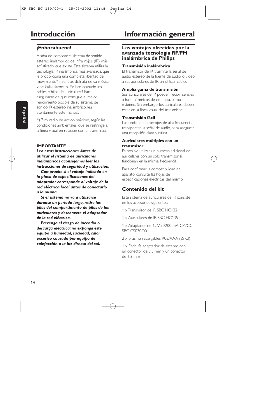 Introducción información general | Philips SBC HC130 User Manual | Page 14 / 86