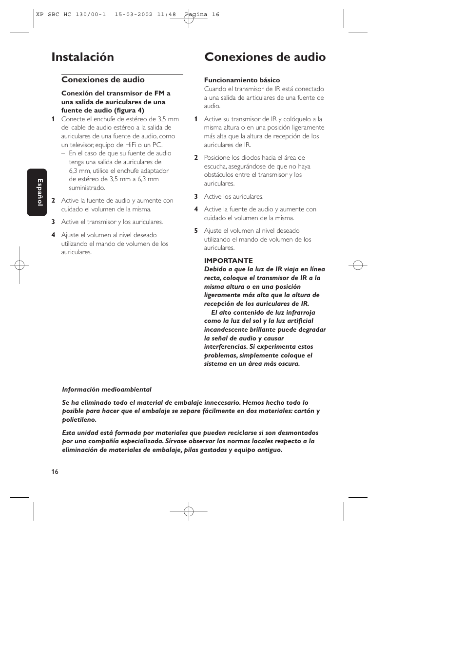 Instalación conexiones de audio | Philips SBC HC130 User Manual | Page 16 / 86