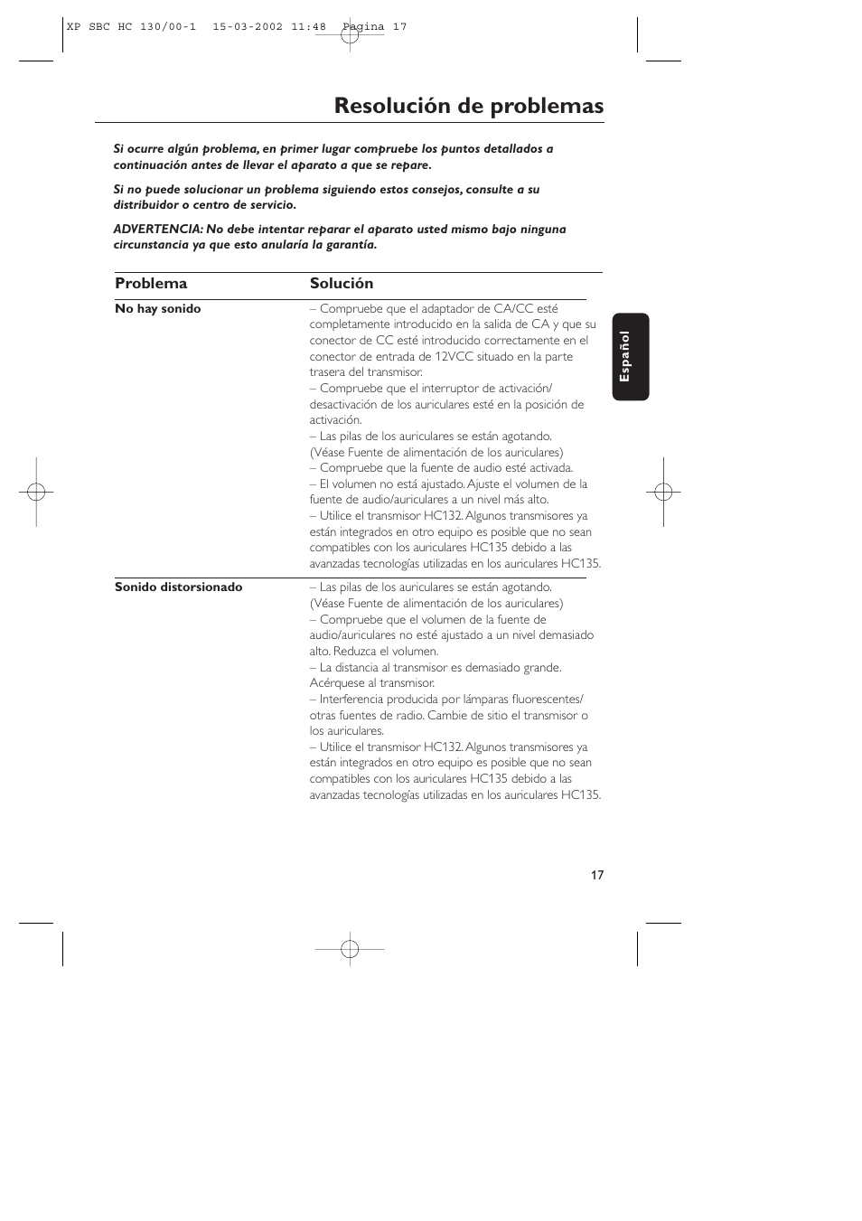 Resolución de problemas | Philips SBC HC130 User Manual | Page 17 / 86