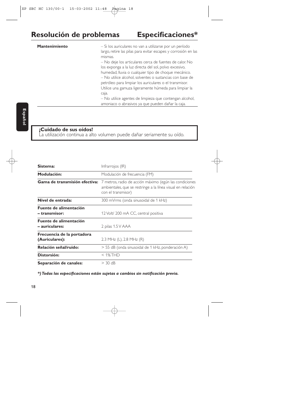 Resolución de problemas especificaciones | Philips SBC HC130 User Manual | Page 18 / 86