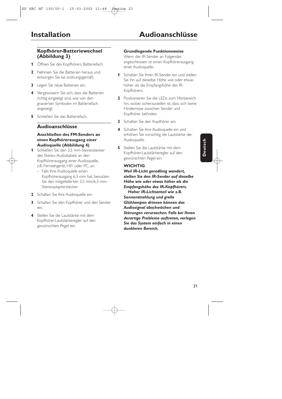 Installation audioanschlüsse | Philips SBC HC130 User Manual | Page 21 / 86