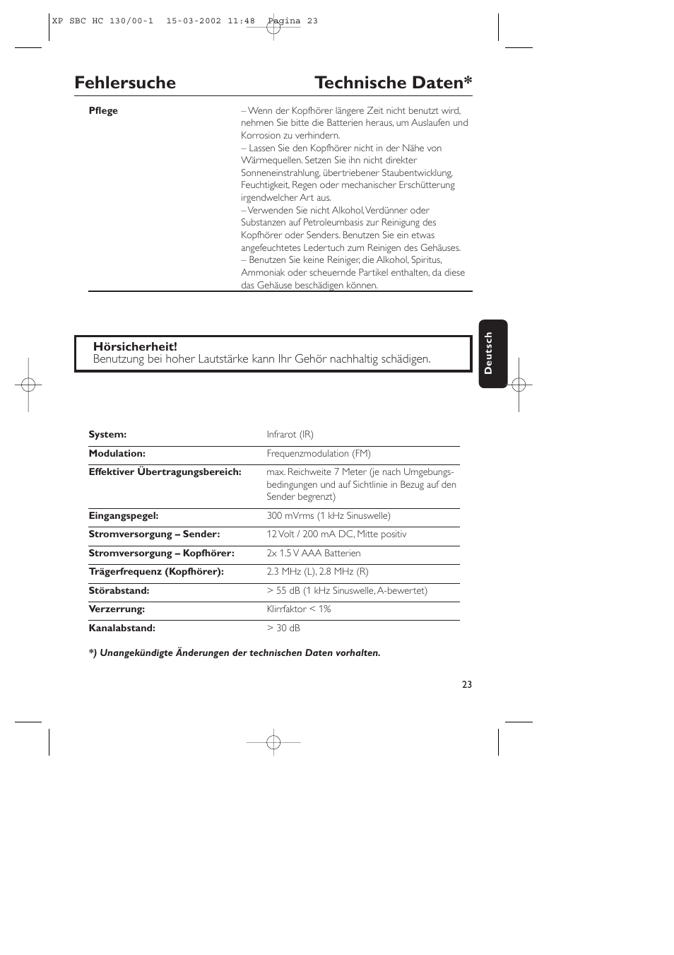 Fehlersuche technische daten | Philips SBC HC130 User Manual | Page 23 / 86