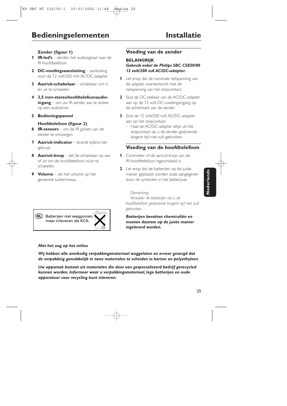 Bedieningselementen installatie | Philips SBC HC130 User Manual | Page 25 / 86