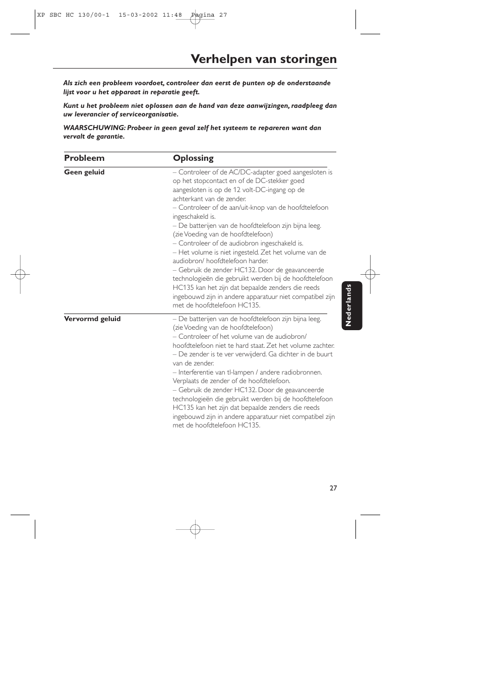 Verhelpen van storingen | Philips SBC HC130 User Manual | Page 27 / 86