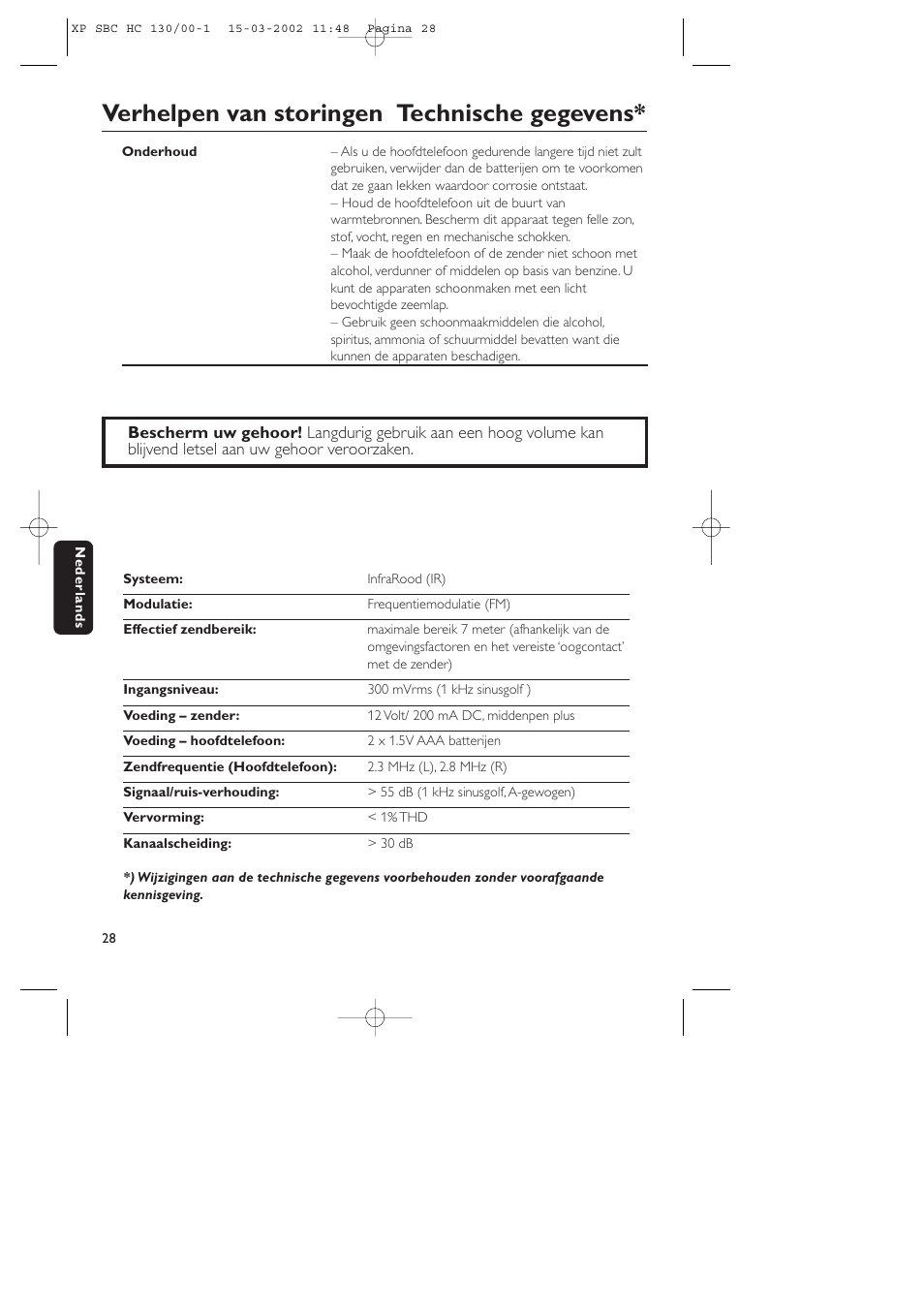 Verhelpen van storingen technische gegevens | Philips SBC HC130 User Manual | Page 28 / 86