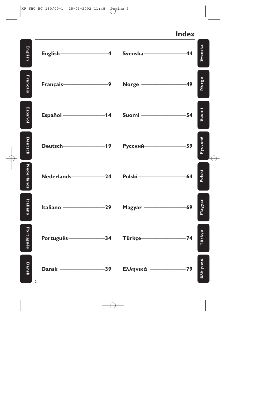 Index | Philips SBC HC130 User Manual | Page 3 / 86