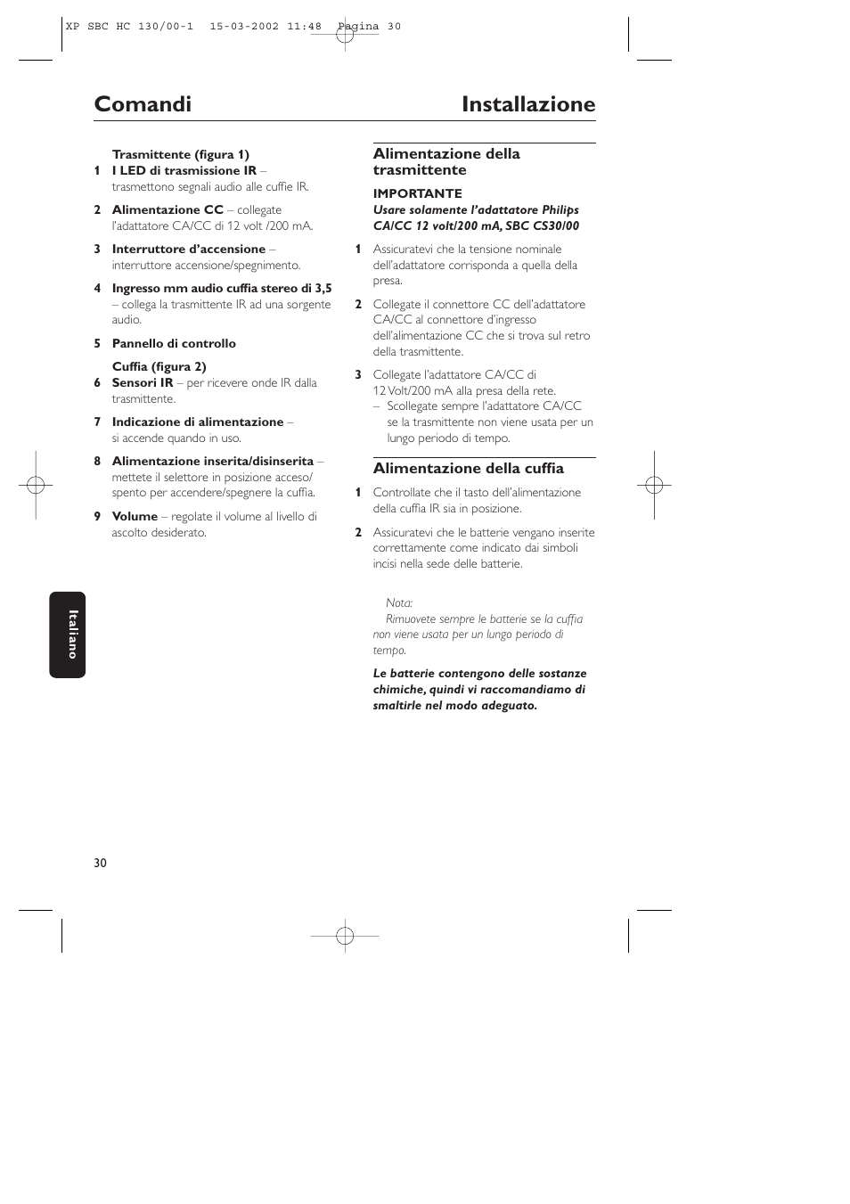 Comandi installazione | Philips SBC HC130 User Manual | Page 30 / 86