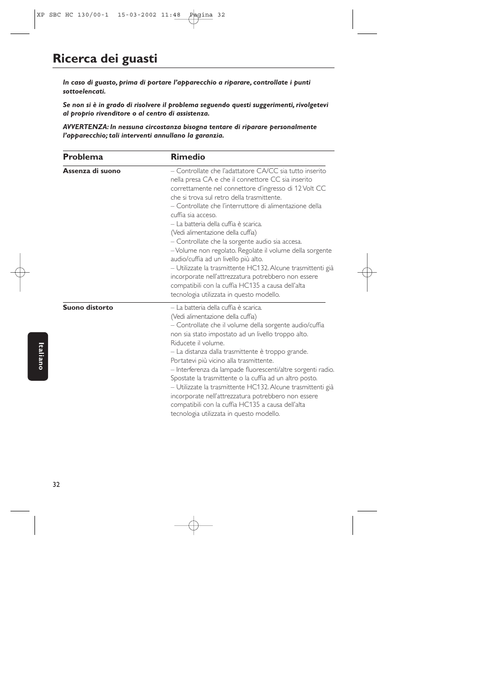 Ricerca dei guasti | Philips SBC HC130 User Manual | Page 32 / 86