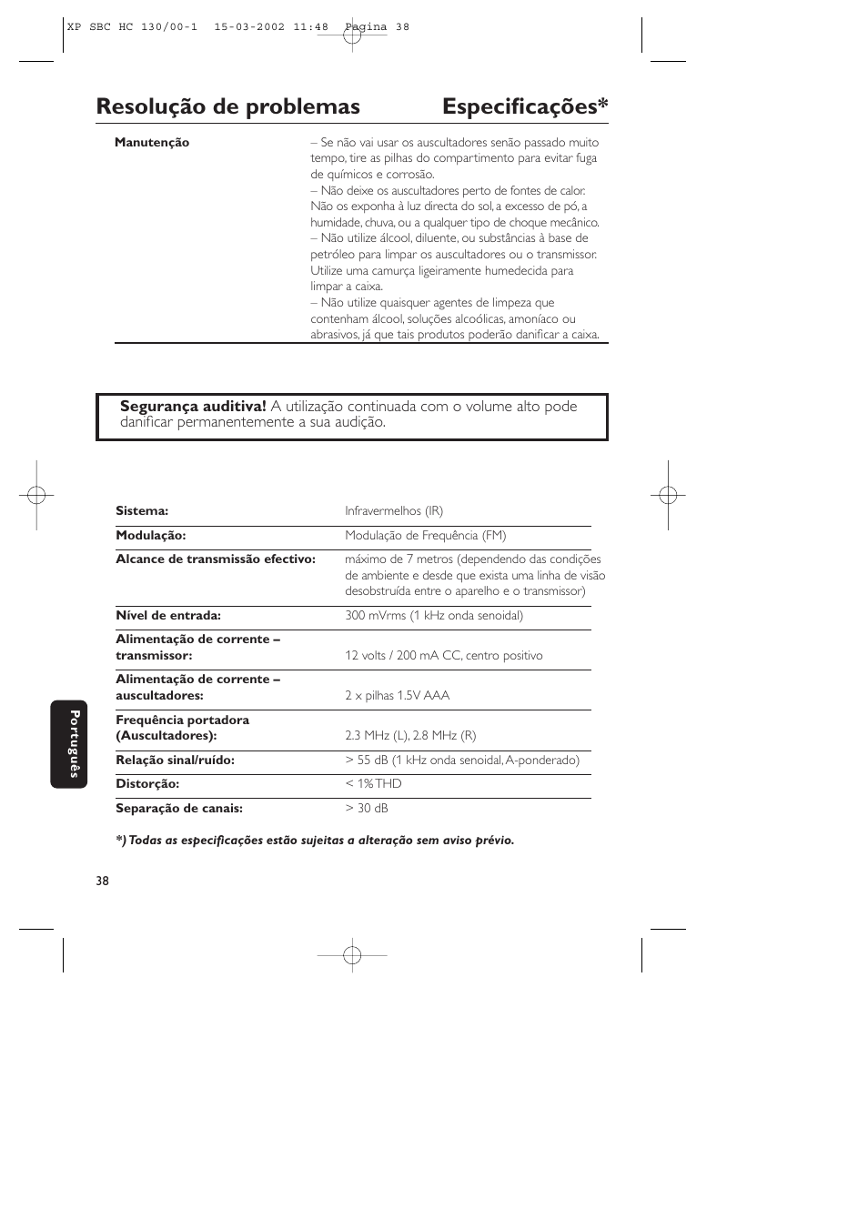 Resolução de problemas especificações | Philips SBC HC130 User Manual | Page 38 / 86