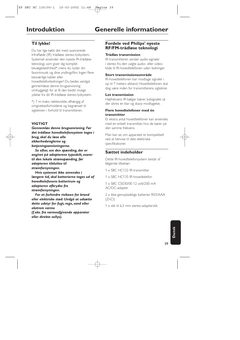 Introduktion generelle informationer | Philips SBC HC130 User Manual | Page 39 / 86