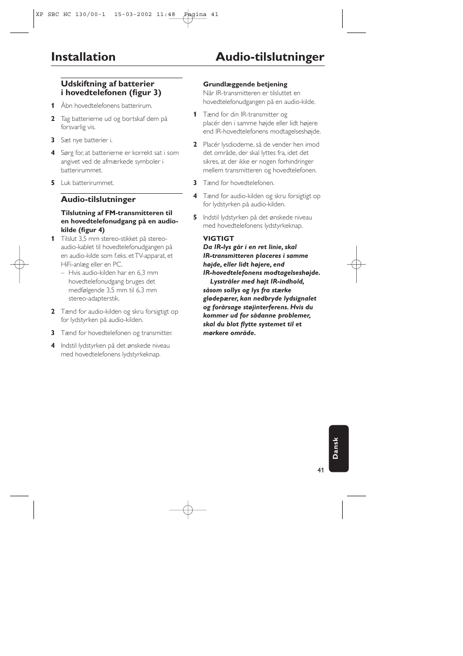 Installation audio-tilslutninger | Philips SBC HC130 User Manual | Page 41 / 86