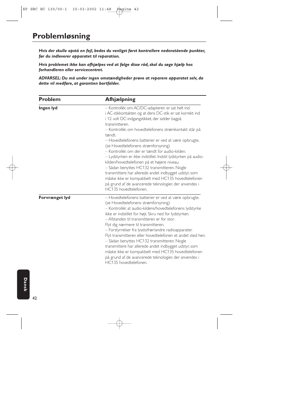 Problemløsning | Philips SBC HC130 User Manual | Page 42 / 86