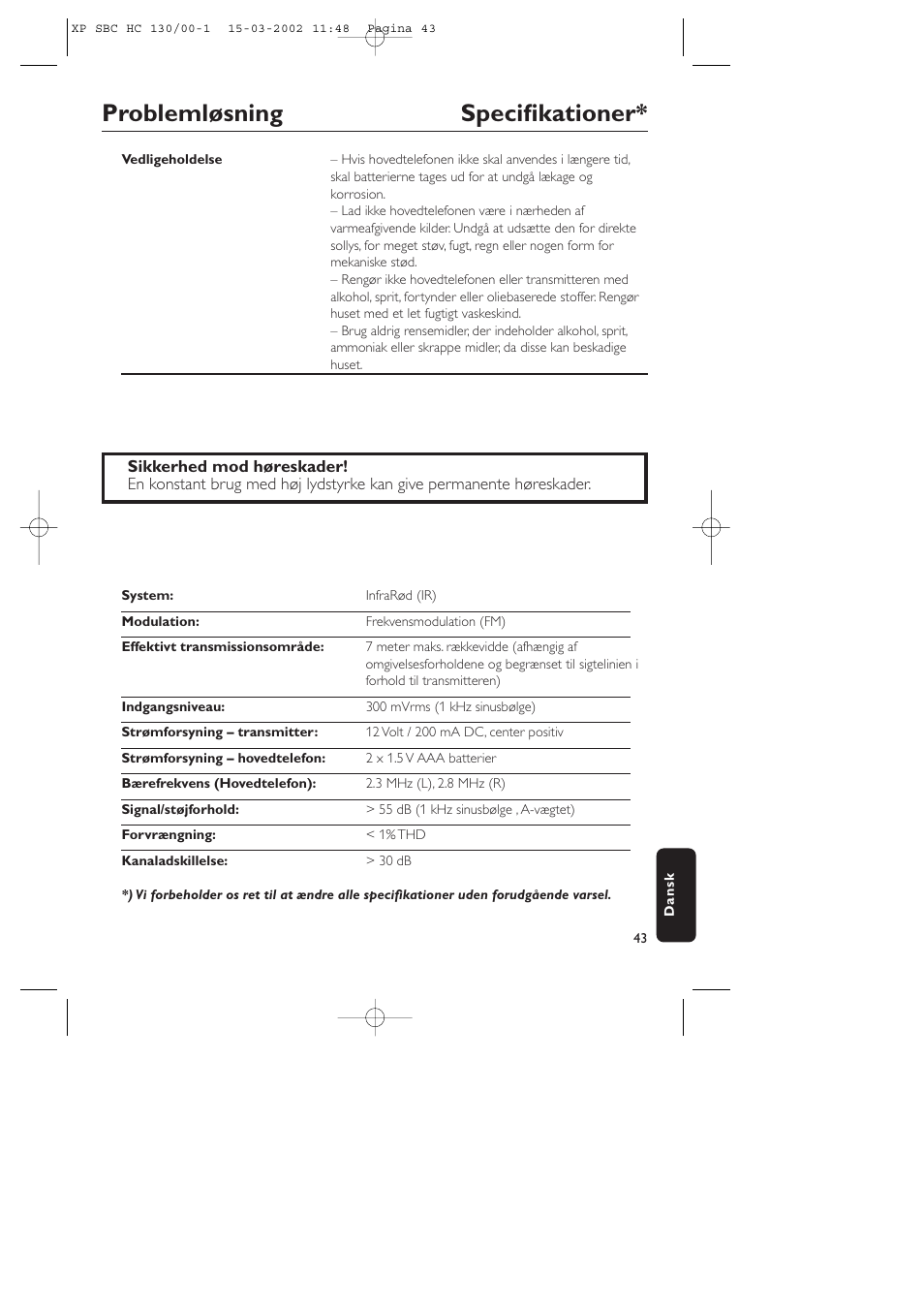 Problemløsning specifikationer | Philips SBC HC130 User Manual | Page 43 / 86