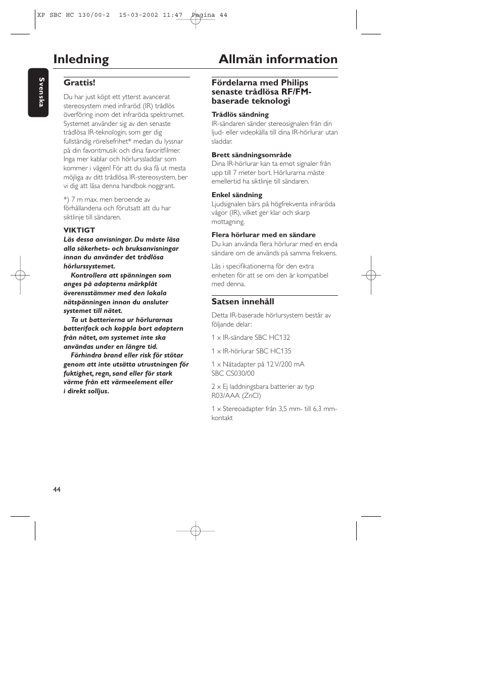 Inledning allmän information | Philips SBC HC130 User Manual | Page 44 / 86