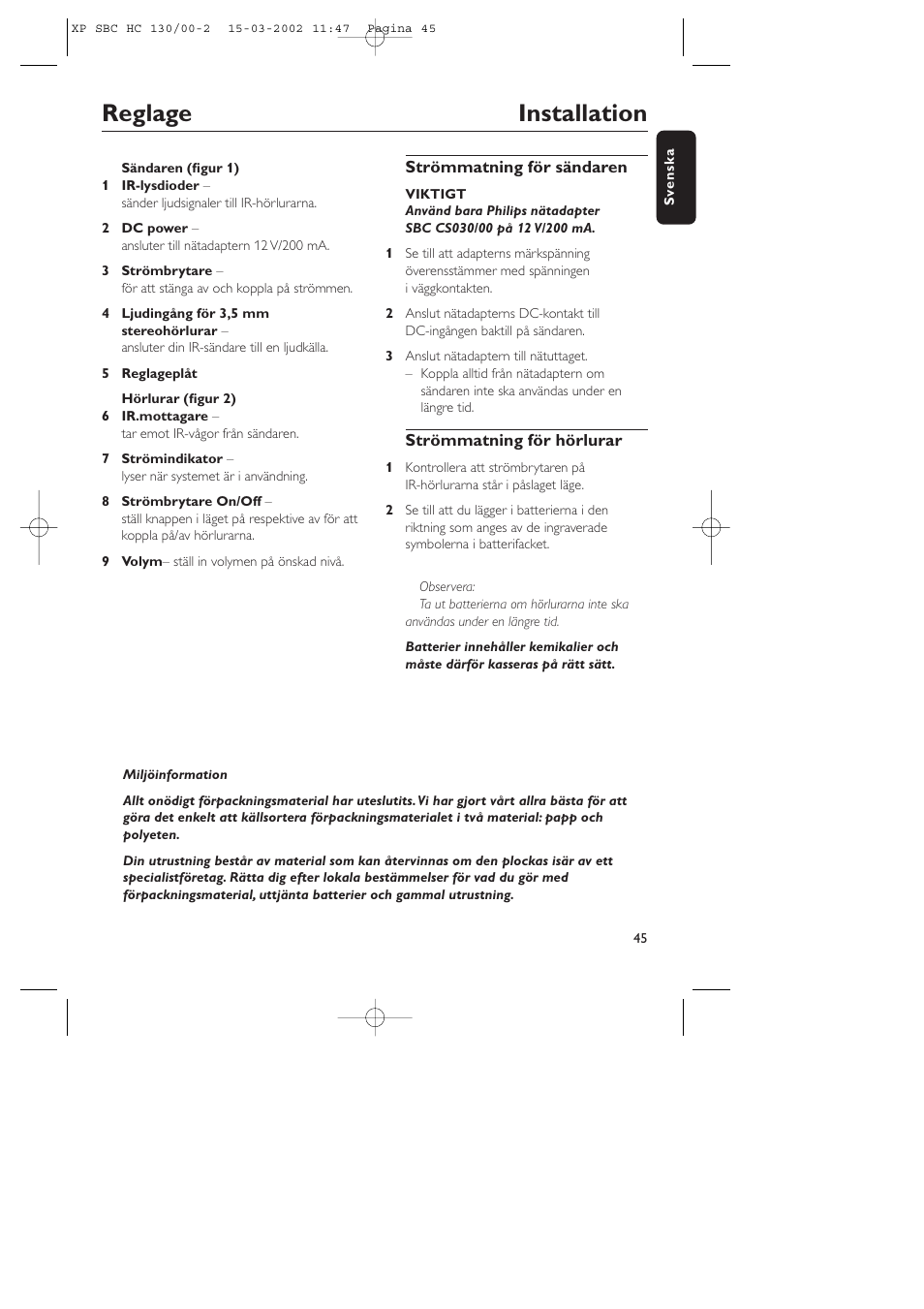 Reglage installation | Philips SBC HC130 User Manual | Page 45 / 86