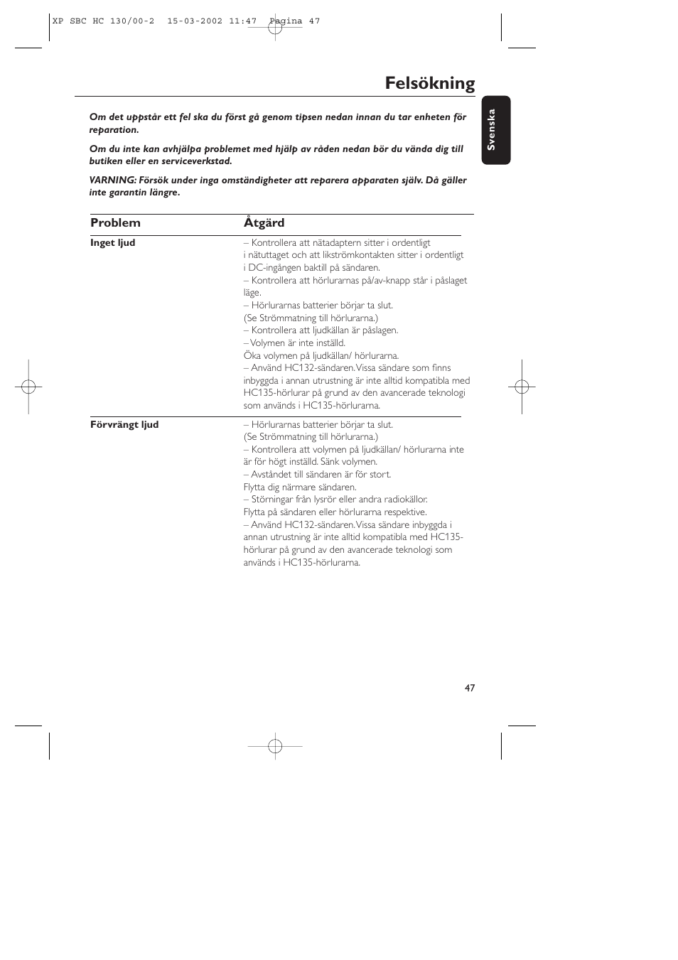 Felsökning | Philips SBC HC130 User Manual | Page 47 / 86