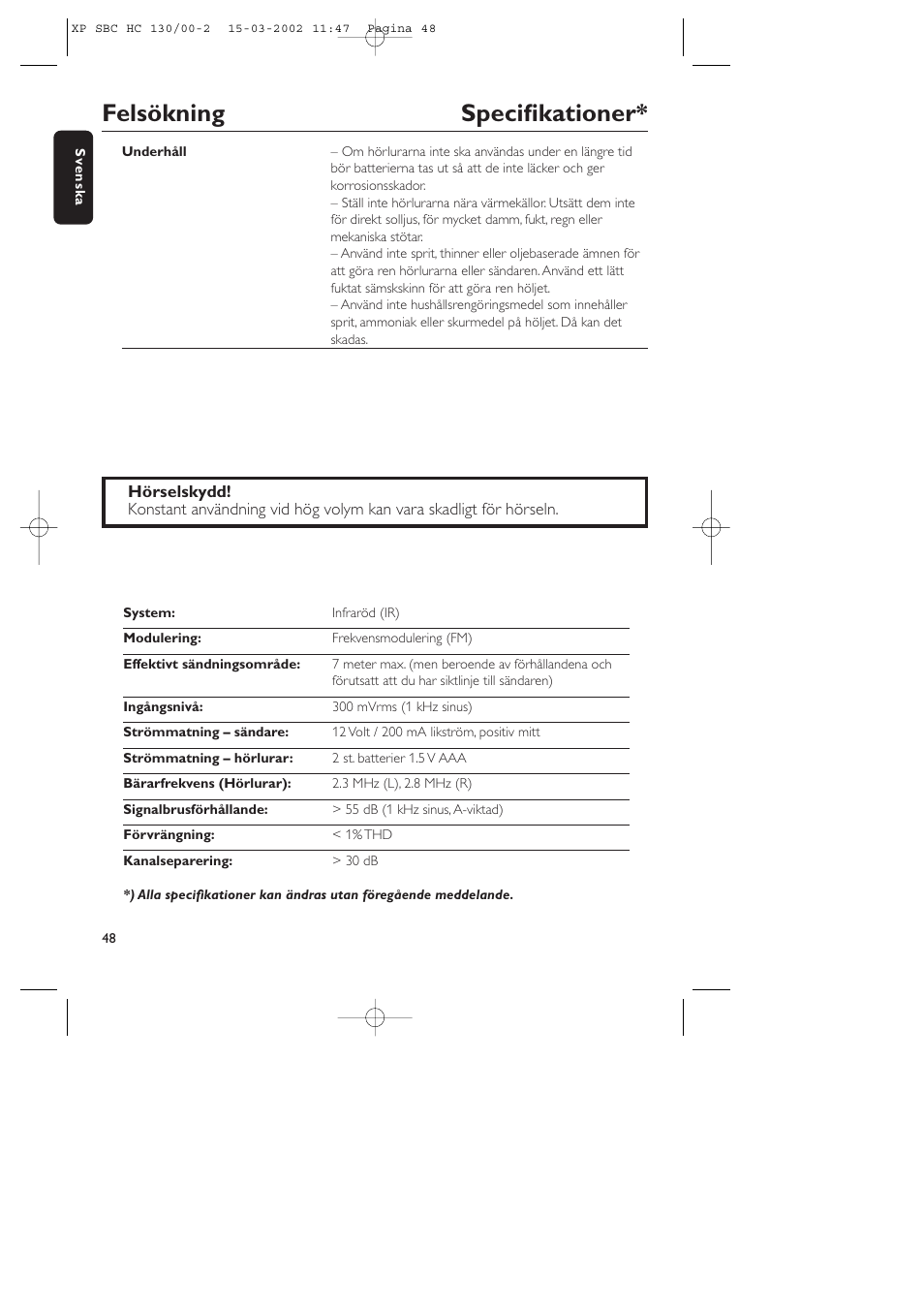 Felsökning specifikationer | Philips SBC HC130 User Manual | Page 48 / 86